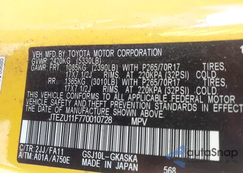 2007 Toyota Fj Cruiser from USA, damaged, VIN JTEZU11F770010728